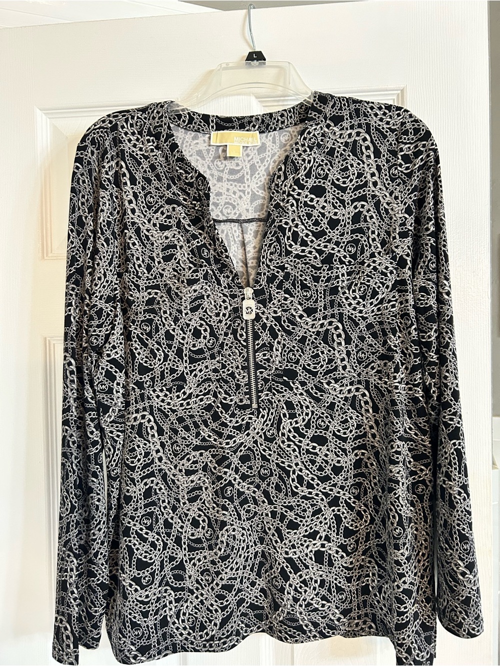 Michael Kors Black and White Chain-Print Long Sleeve Tunic Dress